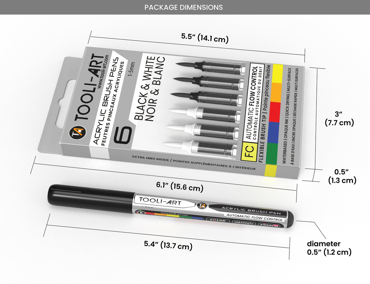 6 Black & White Acrylic Paint Pens – Flexible Brush Markers with Automatic Flow Control, 1–5mm, Waterbased, Illustration, Lettering & Multi-Surface Glass, Wood, Metal, Canvas, Fabric, Plastic, Paper