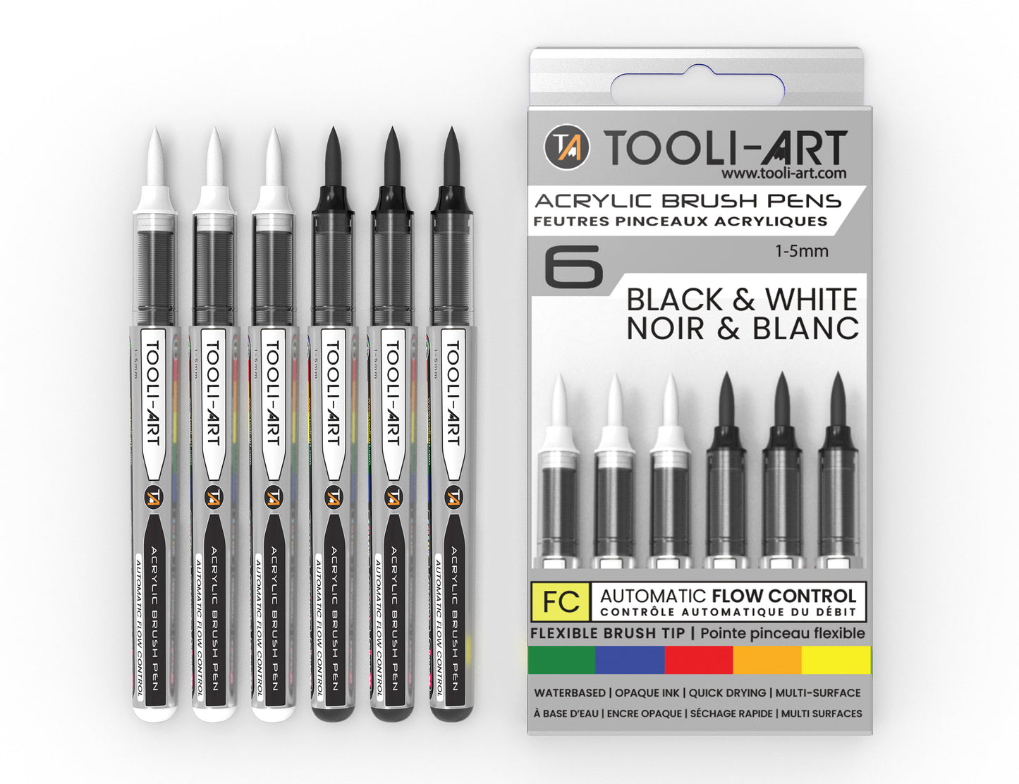 6 Black & White Acrylic Paint Pens – Flexible Brush Markers with Automatic Flow Control, 1–5mm, Waterbased, Illustration, Lettering & Multi-Surface Glass, Wood, Metal, Canvas, Fabric, Plastic, Paper