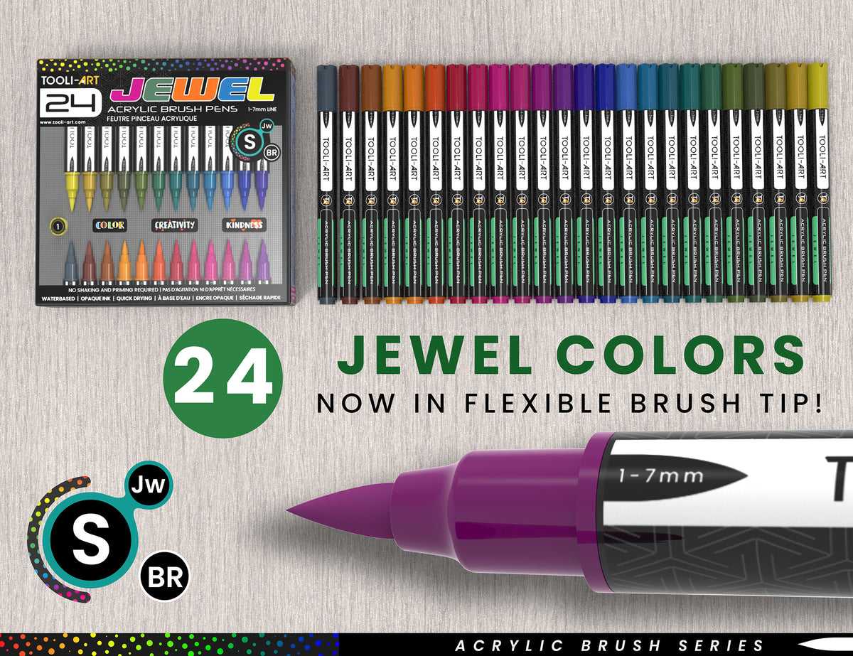 24 Flexible Brush Tip Acrylic Paint Pens Markers Set 1-7mm (JEWEL TONES) Multi-Surface