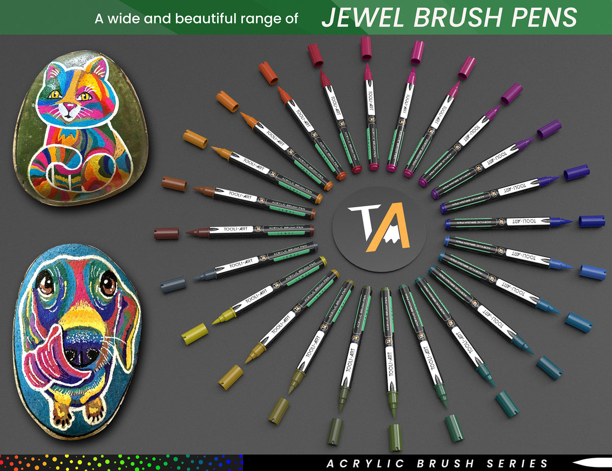 24 Flexible Brush Tip Acrylic Paint Pens Markers Set 1-7mm (JEWEL TONES) Multi-Surface
