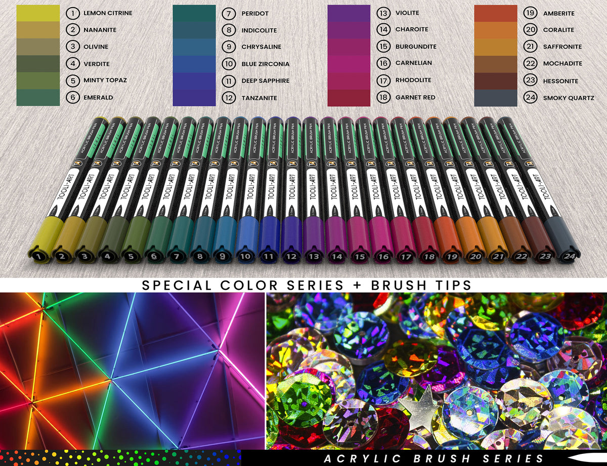24 Flexible Brush Tip Acrylic Paint Pens Markers Set 1-7mm (JEWEL TONES) Multi-Surface