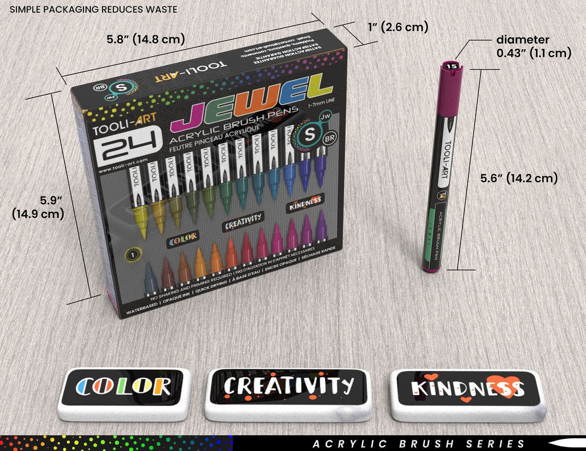 24 Flexible Brush Tip Acrylic Paint Pens Markers Set 1-7mm (JEWEL TONES) Multi-Surface