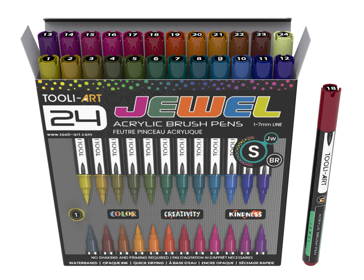 24 Flexible Brush Tip Acrylic Paint Pens Markers Set 1-7mm (JEWEL TONES) Multi-Surface