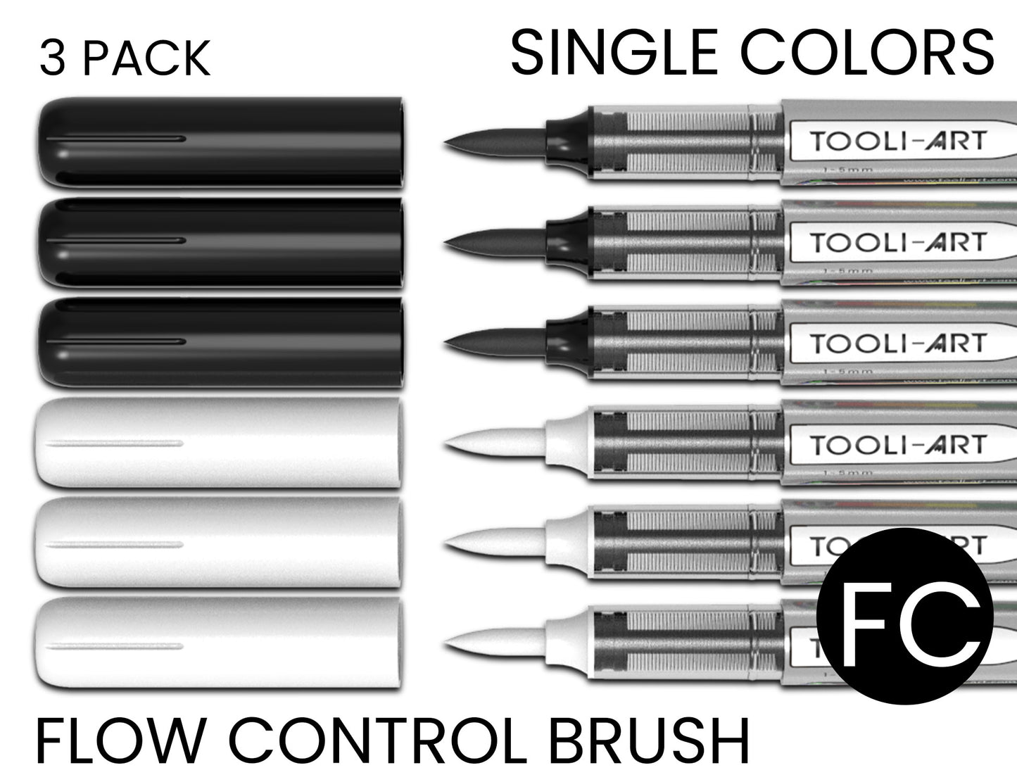 Flow Control Acrylic Brush Pens 1-5mm Flexible Tip: 3-Pack, Your Choice of Any 1 Color