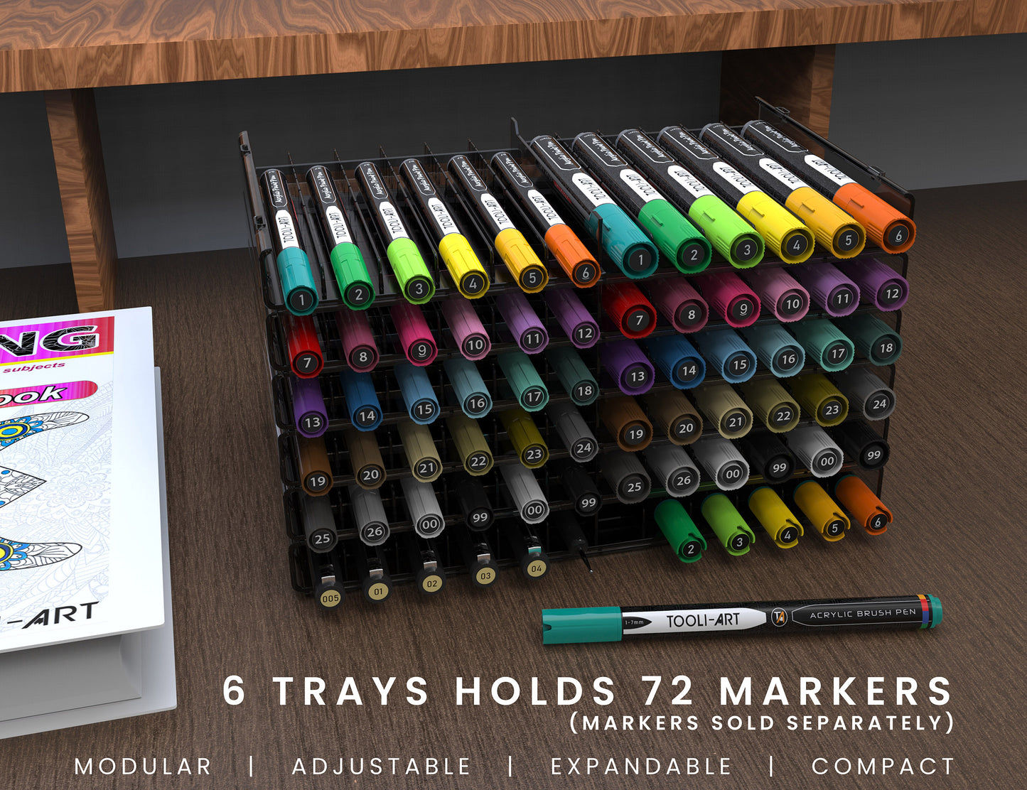 TOOLI-ART 72 Art Marker Storage Tray Desk Organizer Holder, Adjustable Dividers 6 Trays