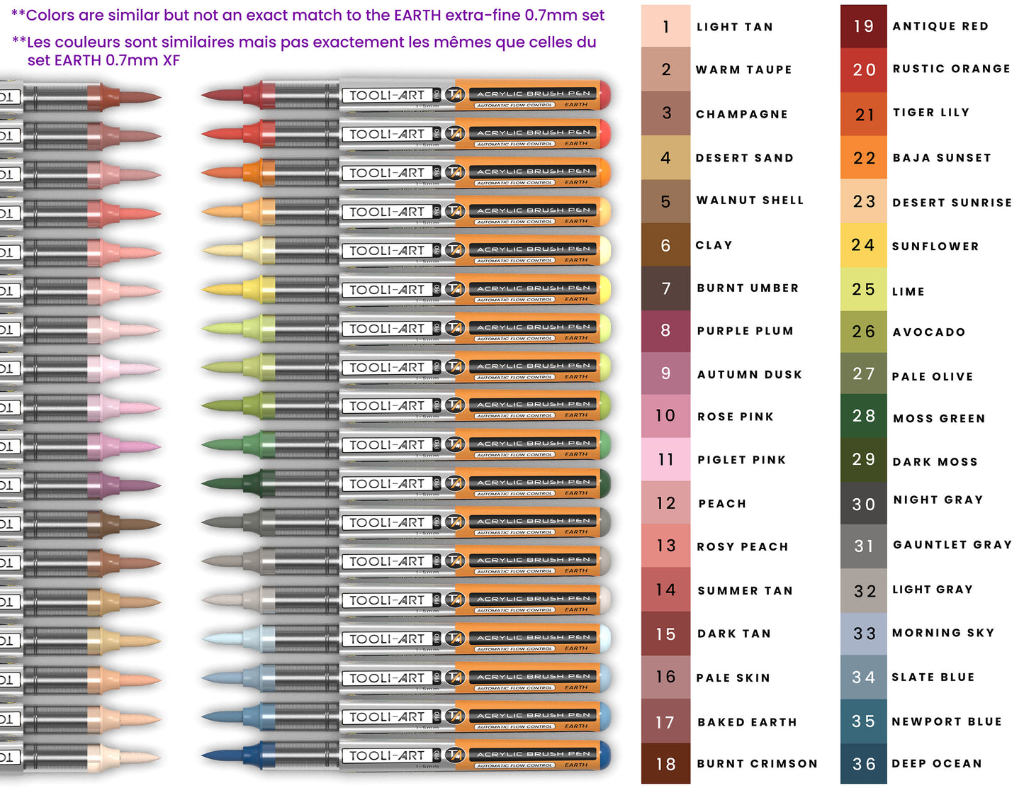 36 Earth Tones Flexible Brush Tip Acrylic Paint Pens with AUTOMATIC FLOW CONTROL technology 1-5mm