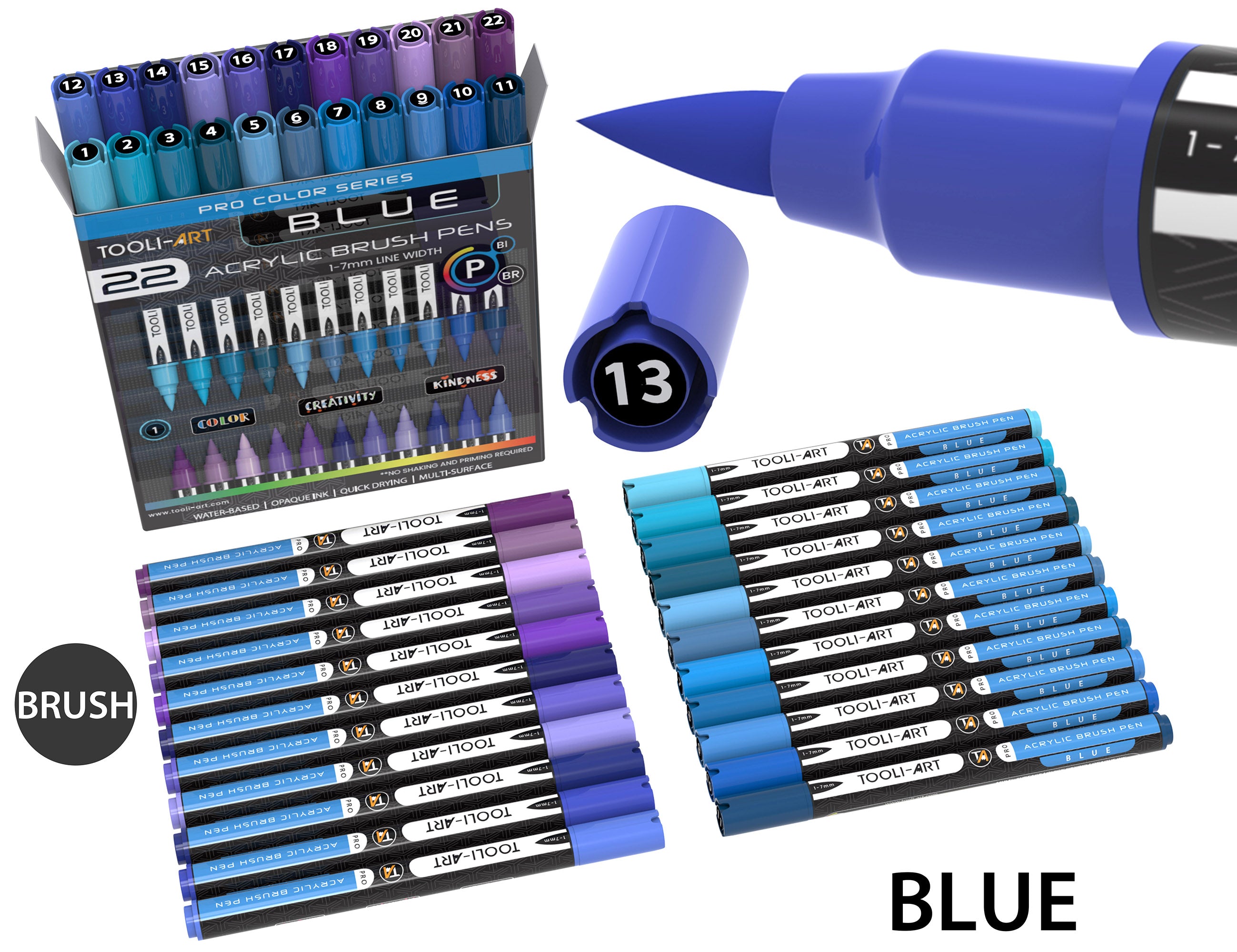 22 Flexible Brush Tip Acrylic Paint Pens Markers Set 1-7mm (BLUE ...