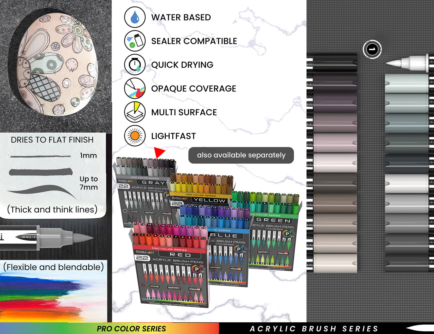 22 Flexible Brush Tip Acrylic Paint Pens Markers Set 1-7mm (GRAY)