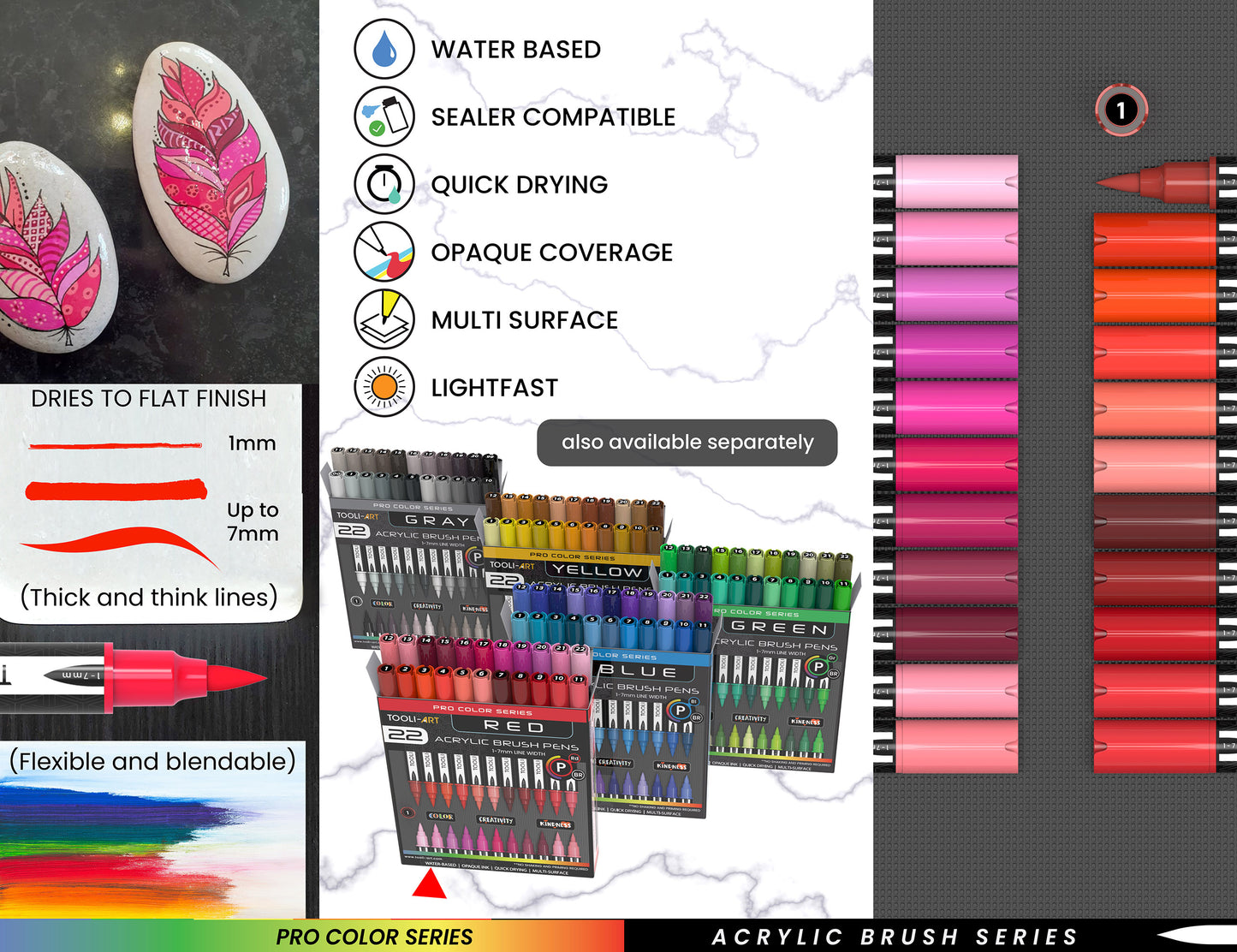 22 Flexible Brush Tip Acrylic Paint Pens Markers Set 1-7mm (RED)