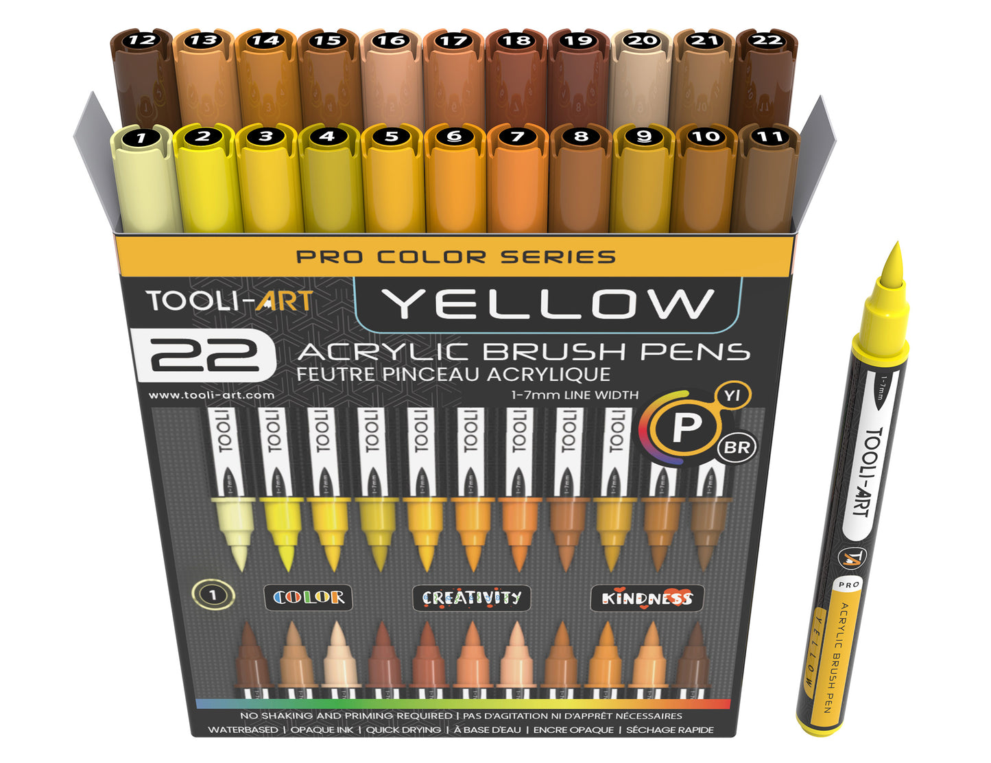 22 Flexible Brush Tip Acrylic Paint Pens Markers Set 1-7mm (YELLOW)