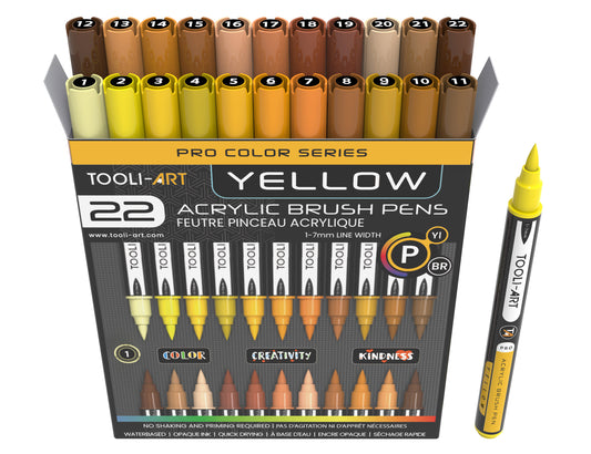 22 Flexible Brush Tip Acrylic Paint Pens Markers Set 1-7mm (YELLOW)