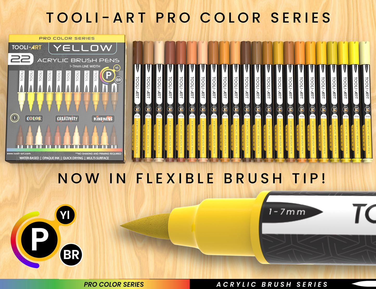 22 Flexible Brush Tip Acrylic Paint Pens Markers Set 1-7mm (YELLOW)