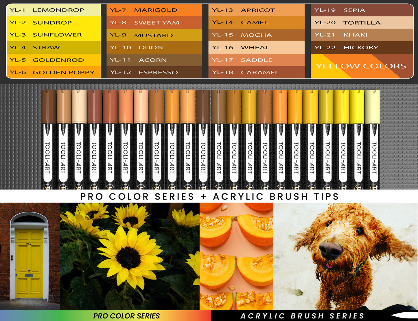 22 Flexible Brush Tip Acrylic Paint Pens Markers Set 1-7mm (YELLOW)