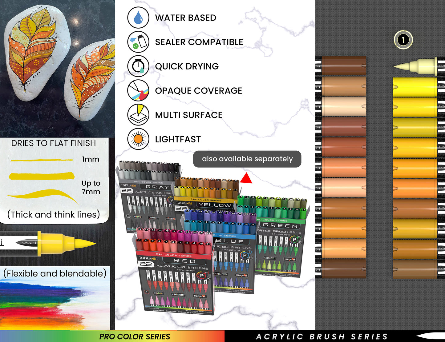22 Flexible Brush Tip Acrylic Paint Pens Markers Set 1-7mm (YELLOW)