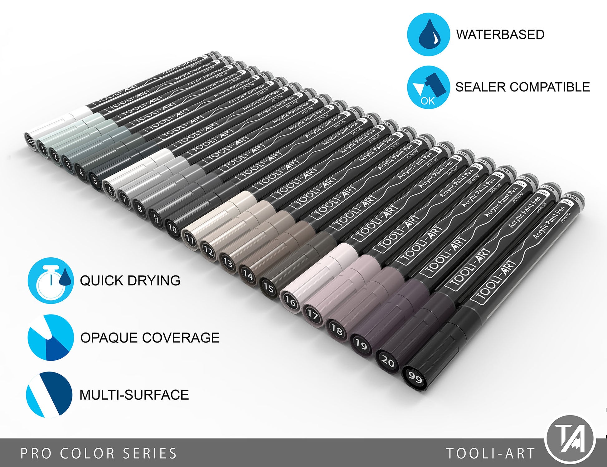 Tooli-Art Acrylic Paint Pens 22 Set Pro Color Series Gray Extra Fine