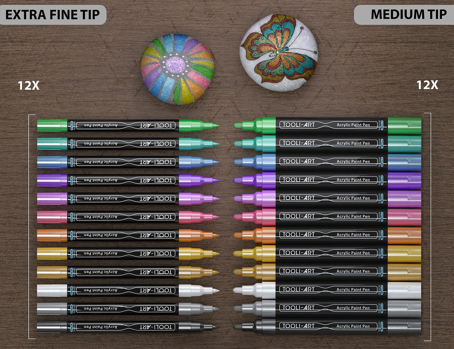 TOOLI-ART Metallic Acrylic Paint Pens 24 Marker Set (0.7mm EXTRA FINE + 3.0mm MEDIUM)