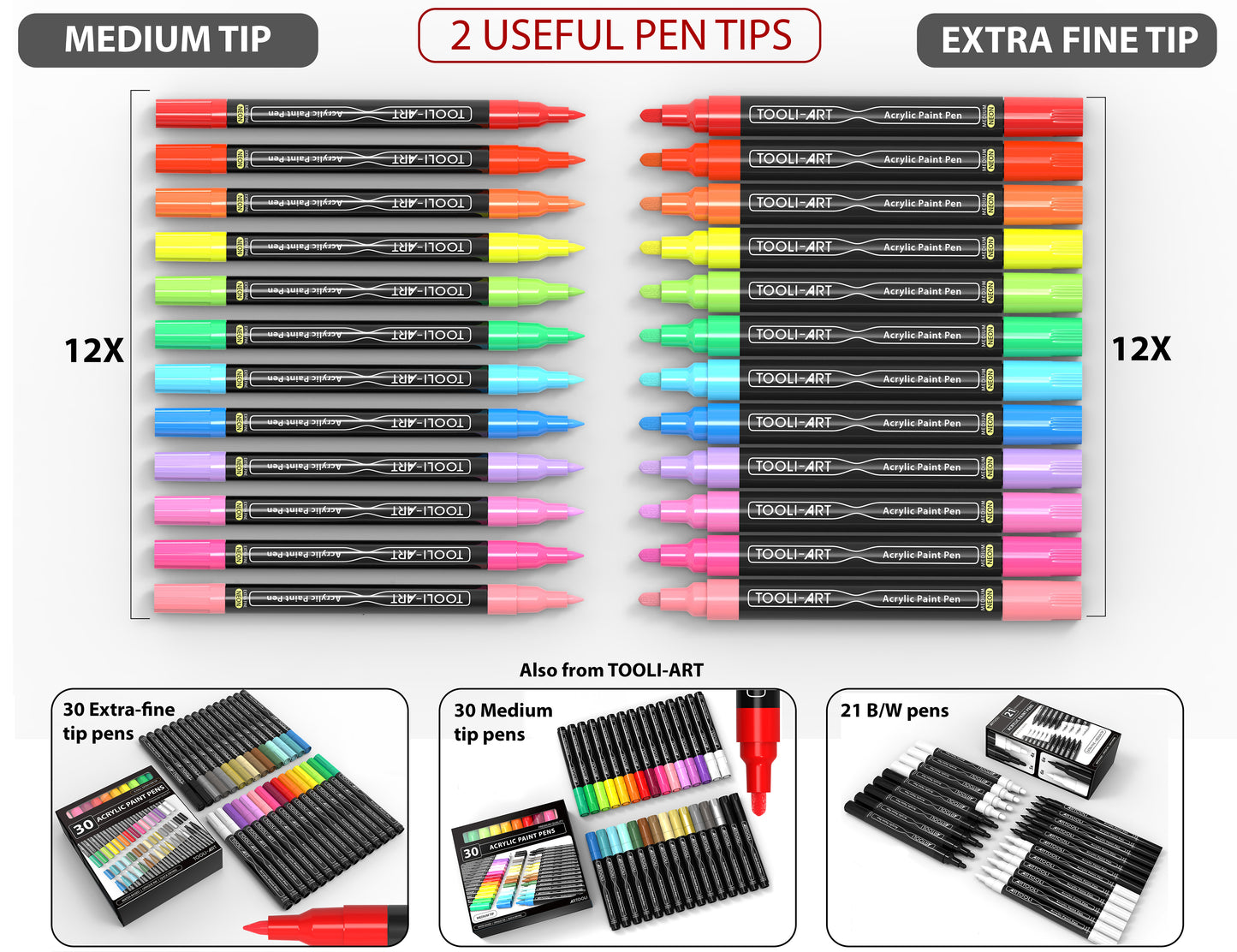 TOOLI-ART 24 Neon Fluorescent Acrylic Paint Pens Marker Set (0.7mm EXTRA FINE + 3.0mm MEDIUM)