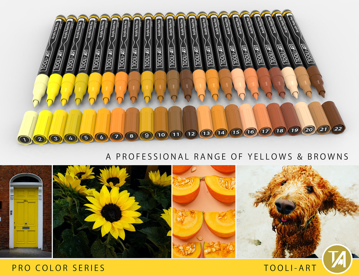Acrylic Paint Pens 22 Assorted Yellow & Browns Pro Color Series Specialty Markers Set (0.7mm EXTRA FINE)