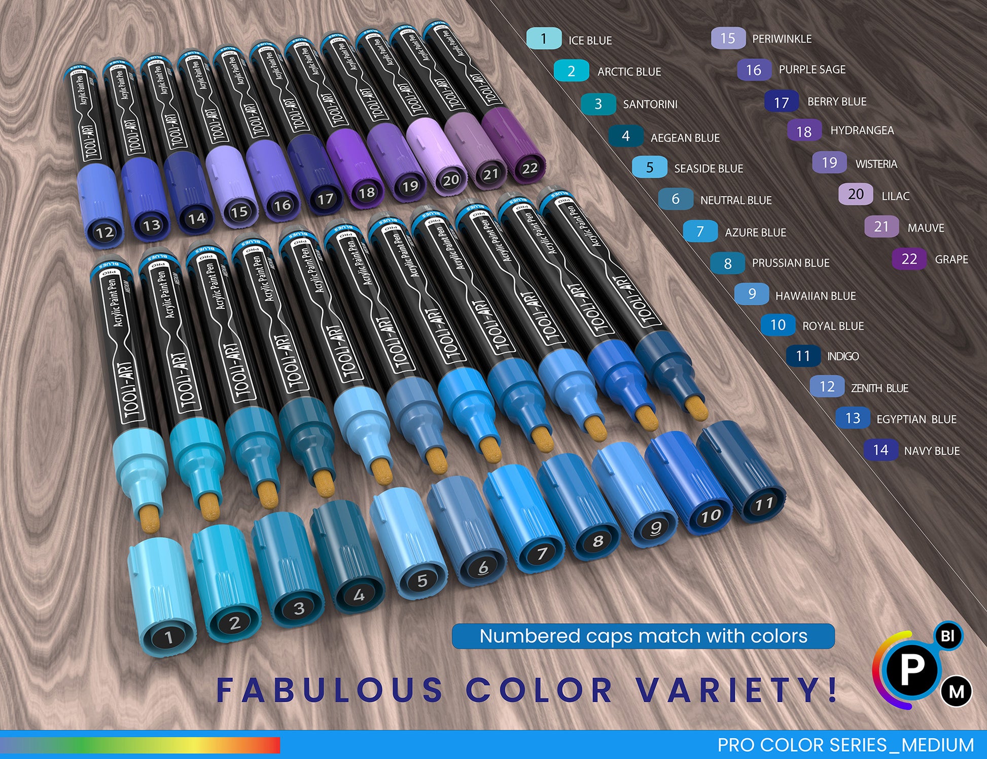 22 Acrylic Paint Pens (BLUES & PURPLES) Pro Color Series Set (3mm MEDI –  TOOLI-ART