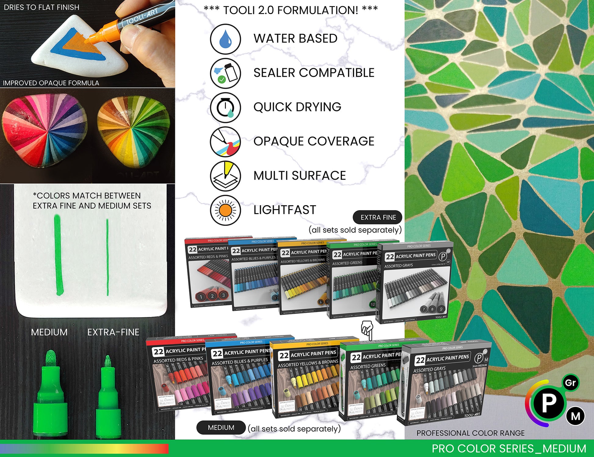 TOOLI-ART Acrylic Paint Pens 22 Assorted Green Pro Color Series Set  Extra-fine