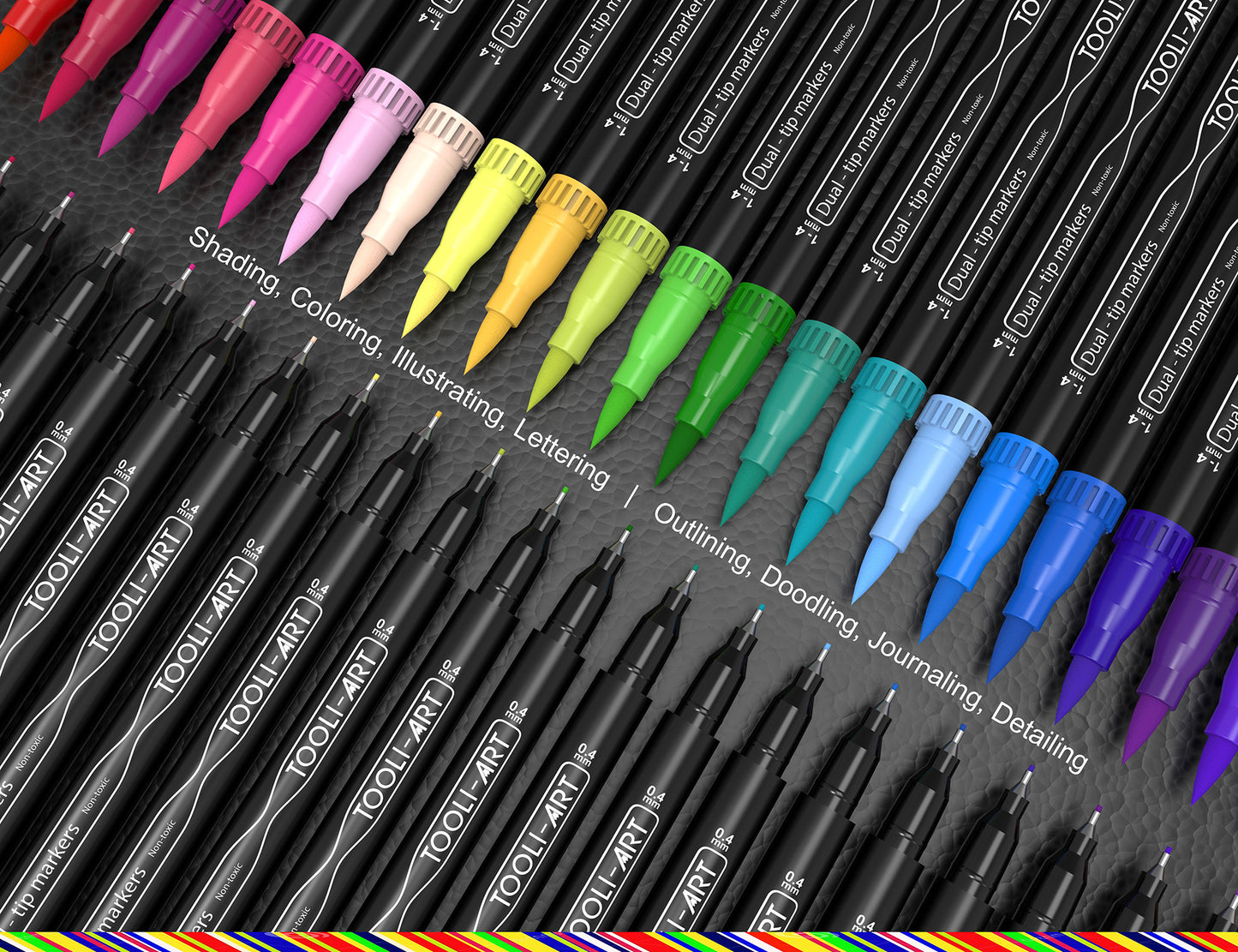 TOOLI-ART Dual-Tip Brush Pens (PIGMENT INK BASED) 36 Color Set With Canvas Organizer (Flexible Brush and 0.4mm Fineliner)