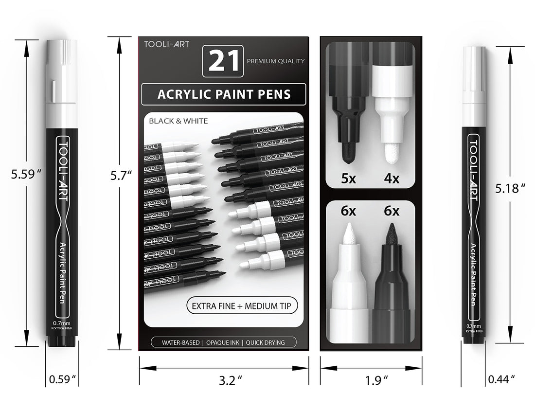 TOOLIART Black and White Acrylic Paint Pens 21 Markers Set (0.7mm EXT