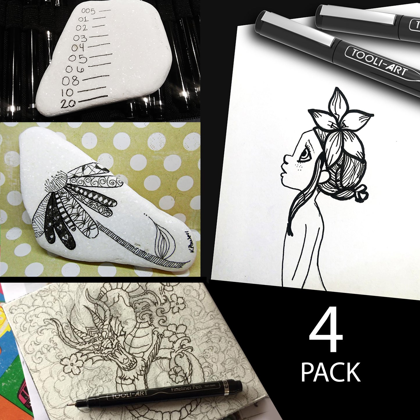 TOOLI-ART Micro-Line Pens 4 PACK Black, Fineliner, Multiliner, Archival Ink, Artist Illustration, Architecture, Technical Drawing