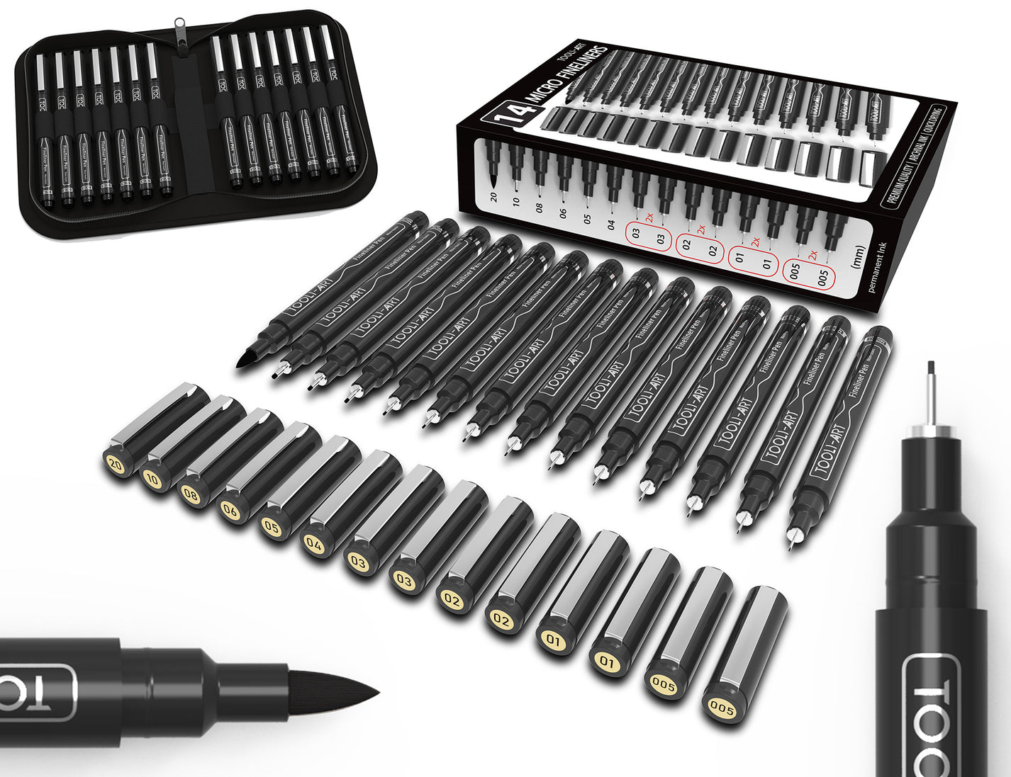 TOOLI-ART Micro-Line Pens With Case, 14/Set Black, Fineliner, Multilin